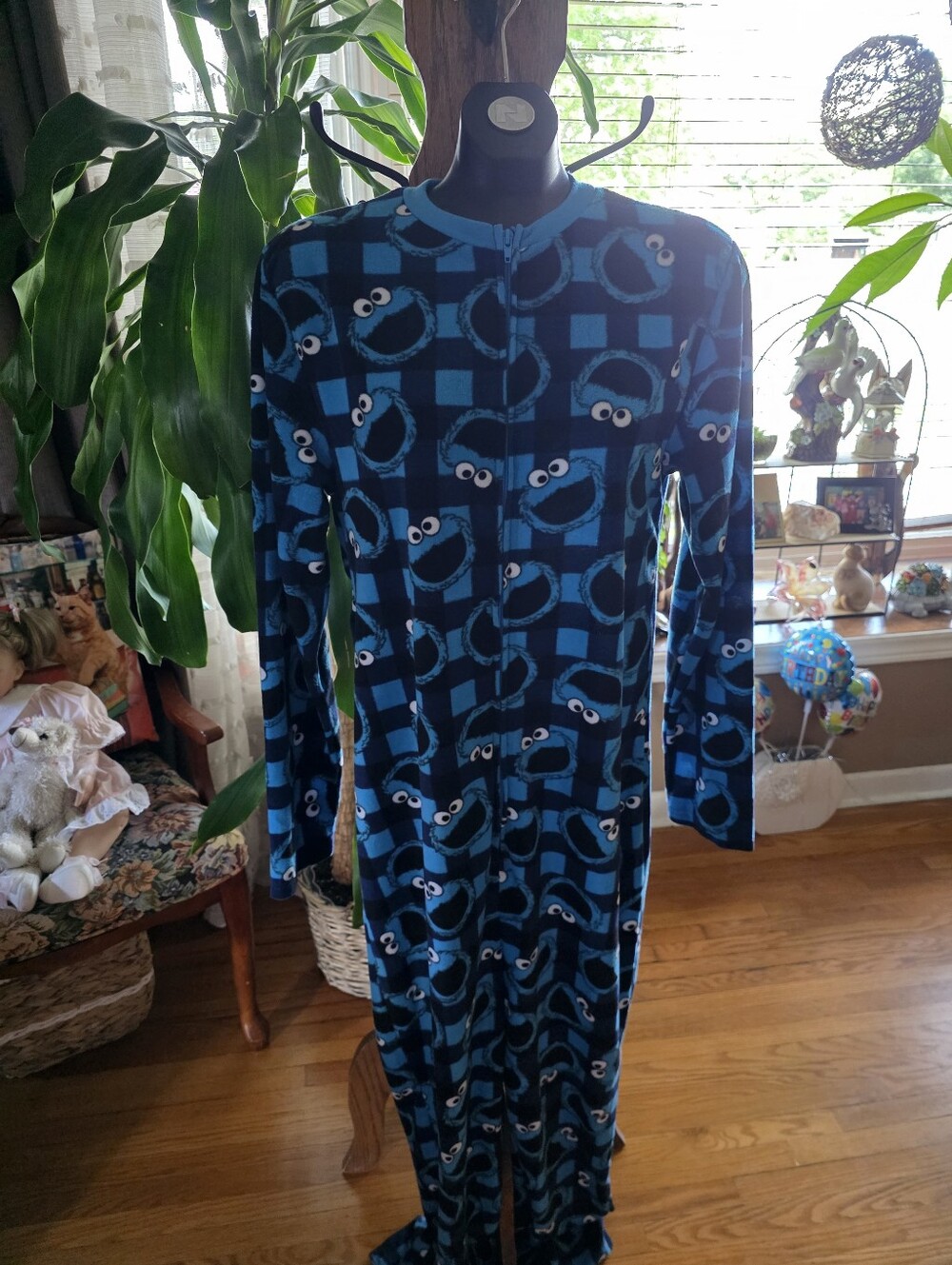Sesame Street Blue Cookie Monster Print One-Piece Lightweight Fleece Pajamas